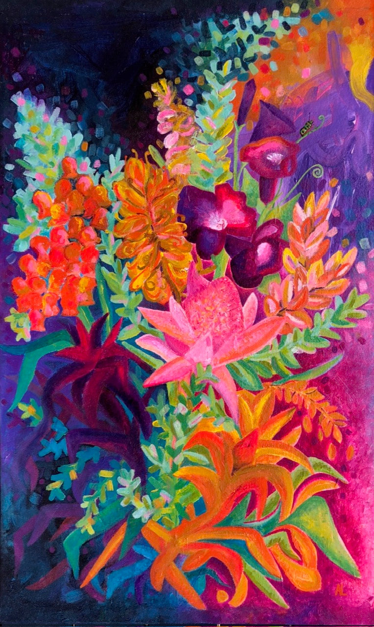 brightly coloured floral art painting 