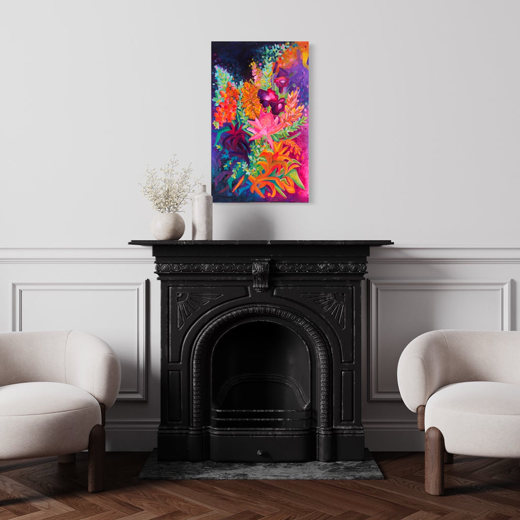 brightly coloured floral painting on wall above lounge room fireplace with armchairs, interior design