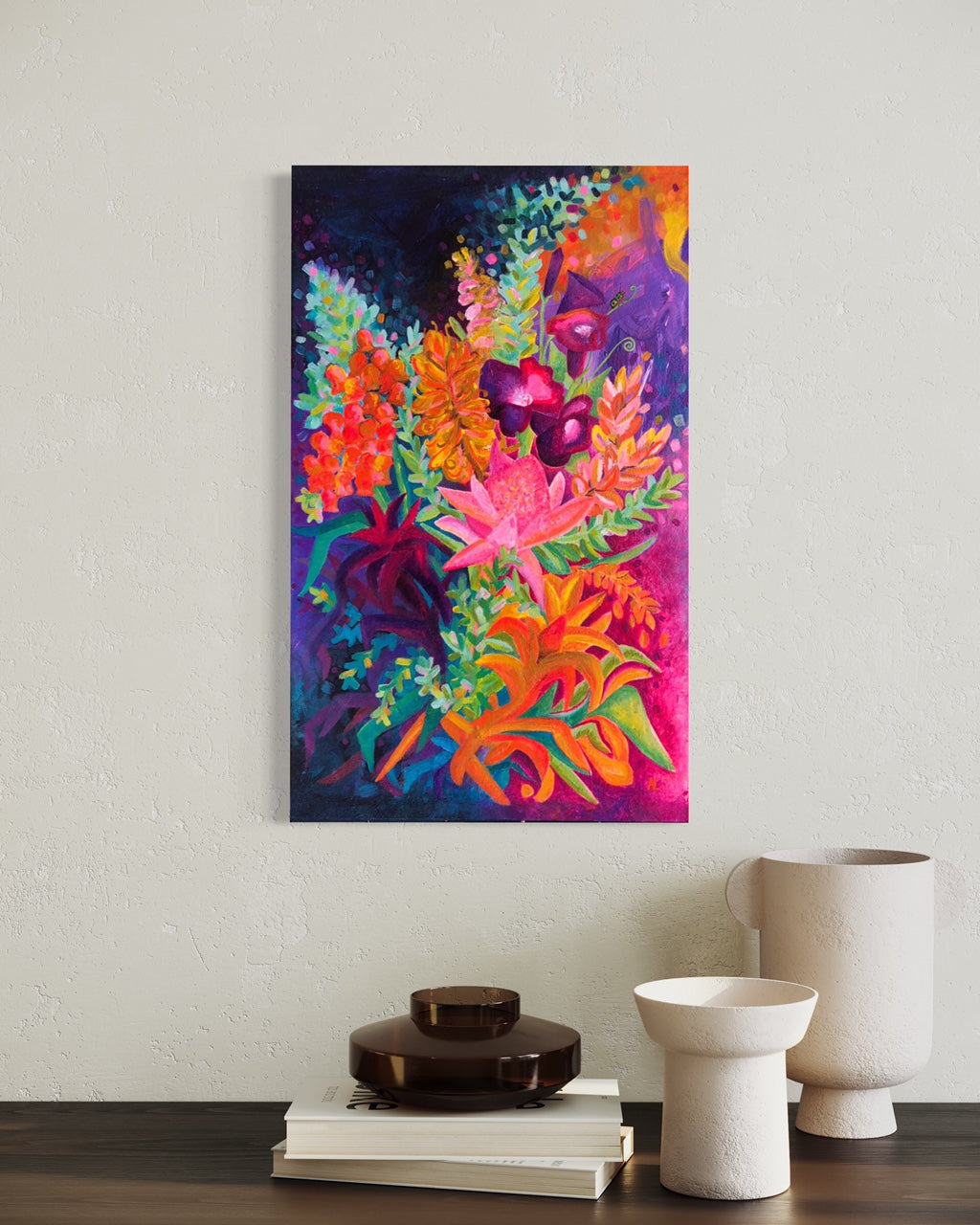 brightly coloured floral art painting on wall above timber bench, australian art 