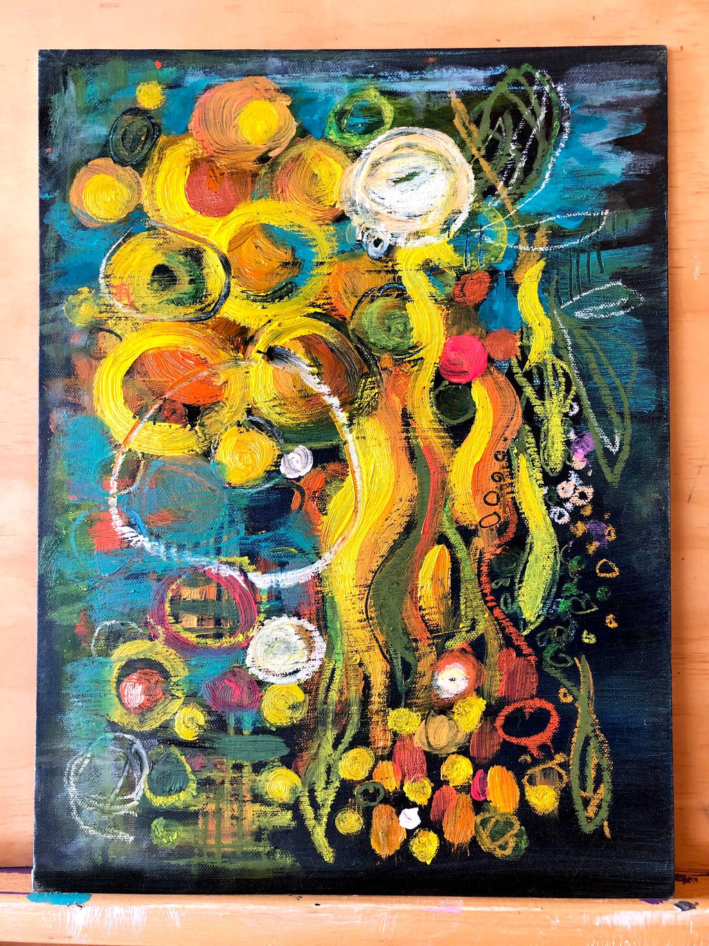 New! Yellow Pom Pom Mini Botanical Abstract Painting