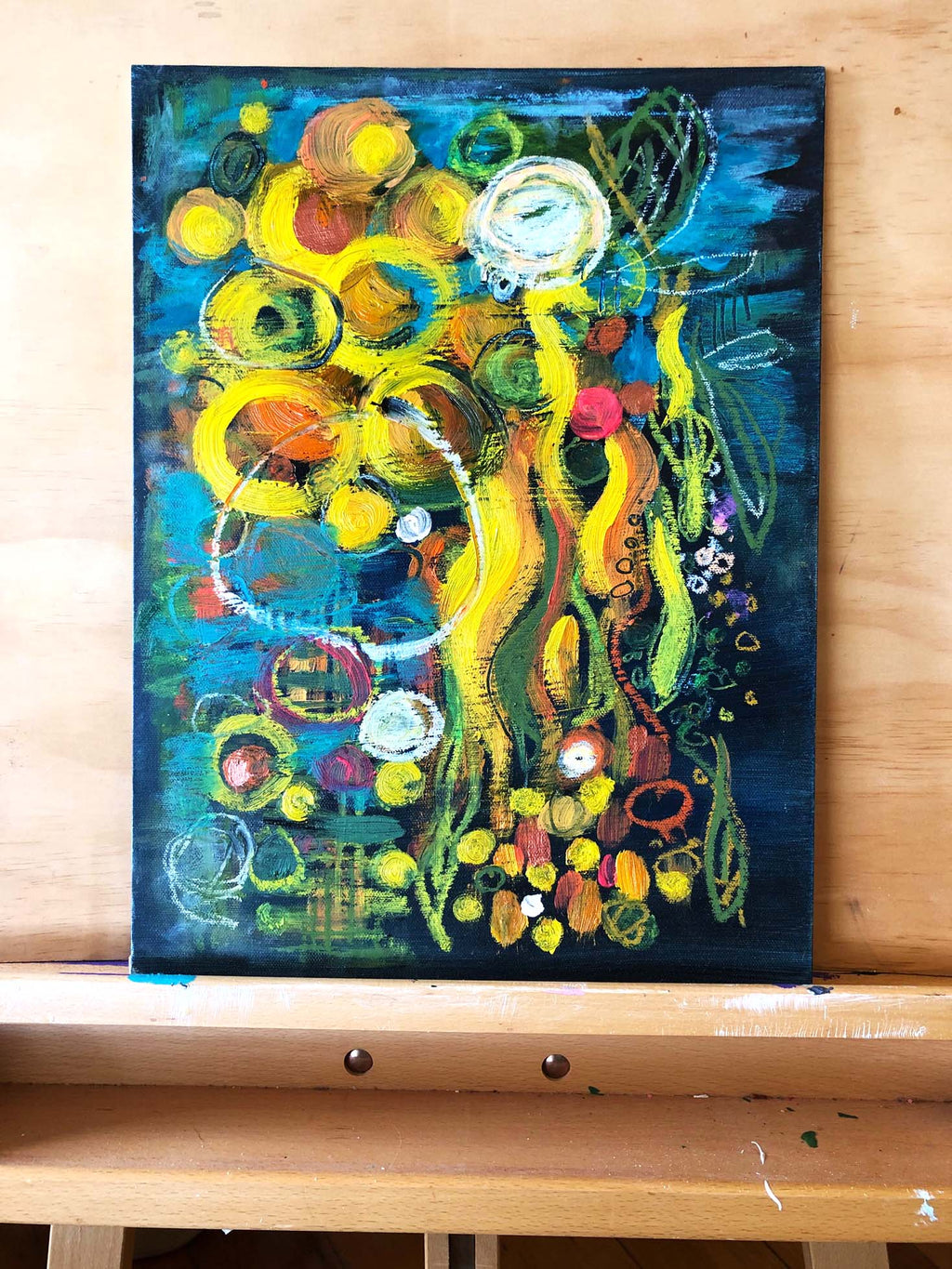 New! Yellow Pom Pom Mini Botanical Abstract Painting